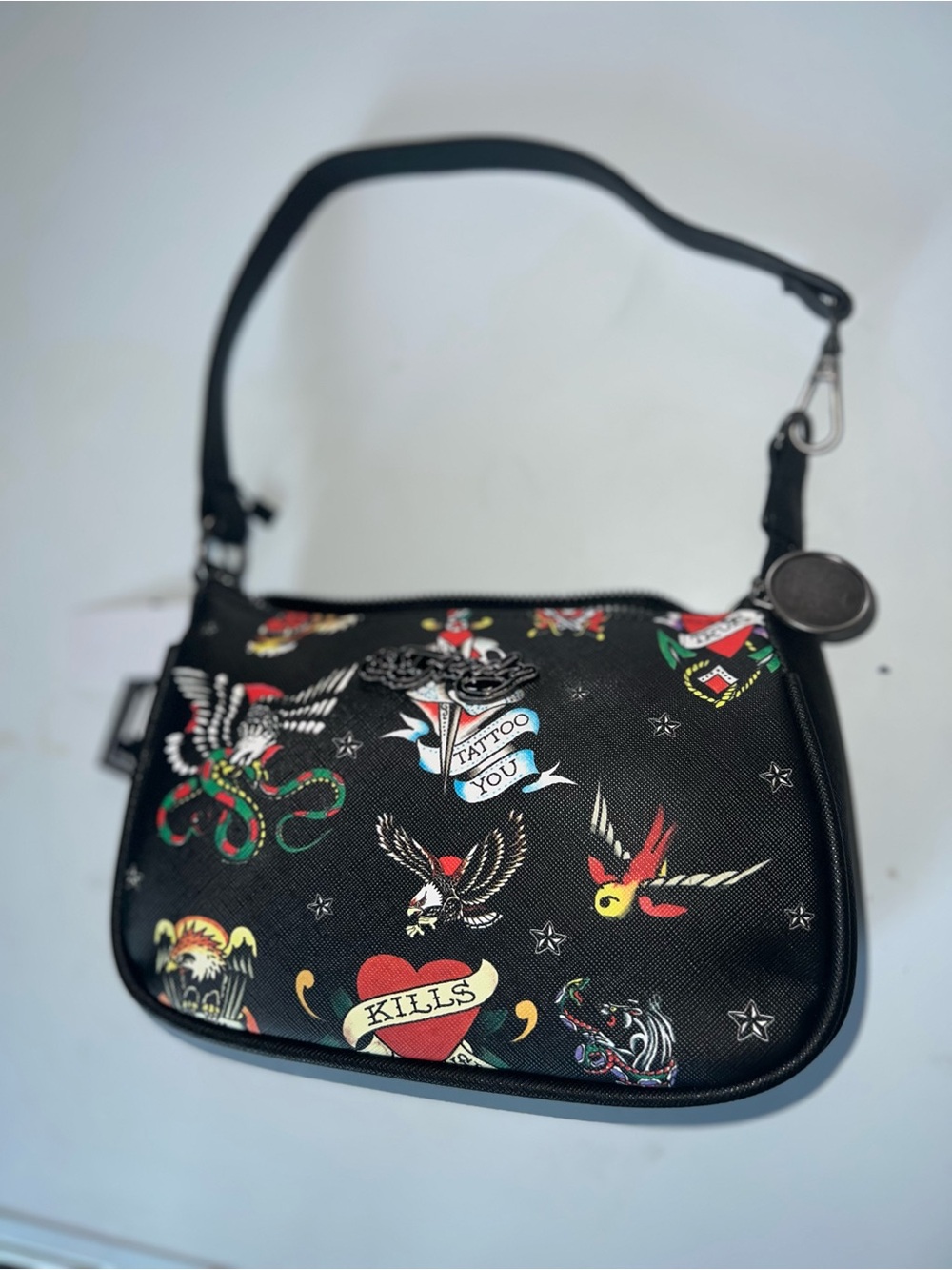 Ed Hardy Black Mini Bag with Colorful Tattoo Prints